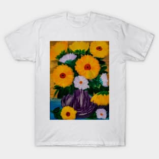 Some abstract sunflowers and carnations in a metallic purple abd silver vase T-Shirt